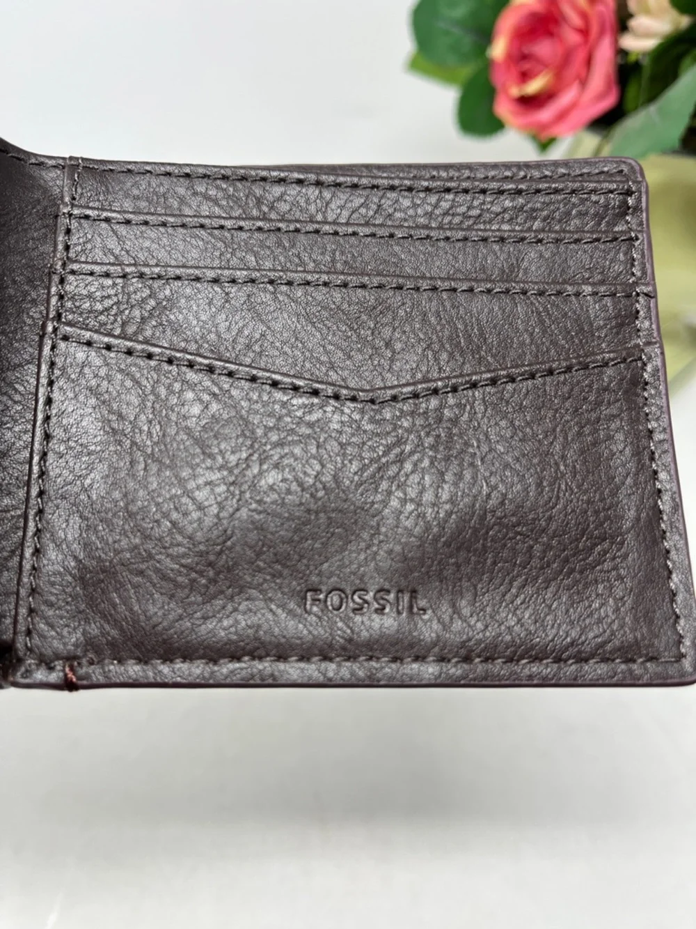 FOSSIL Hart Bifold Wallet CowHide Embossed Leather Dark Wine and Brown Color NEW
